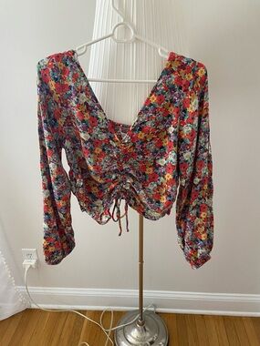 H&M Red Multi Floral Ruched V-Neck Long Sleeve Blouse